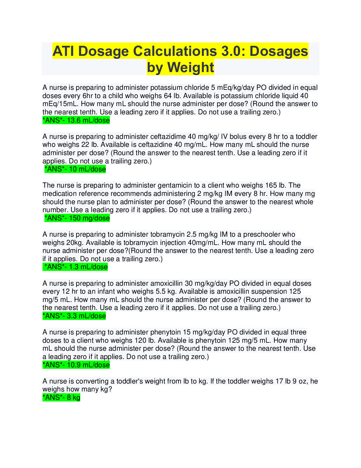 Preview of ATI Dosage Calculations 3.0: Dosages by Weight
